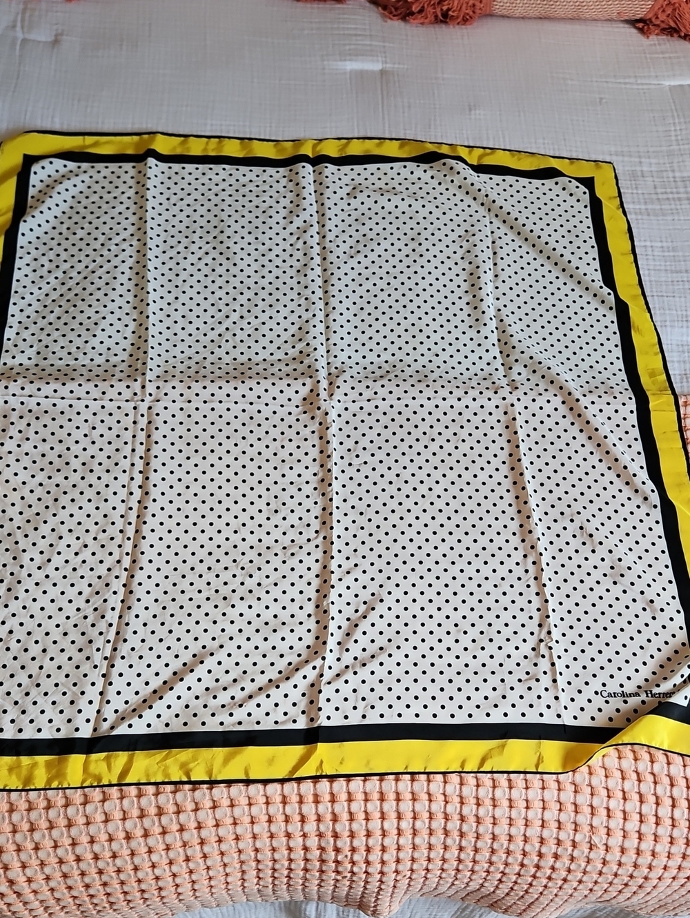 Carolina Herrera Polka Dot Satin Scarf with Yellow Border